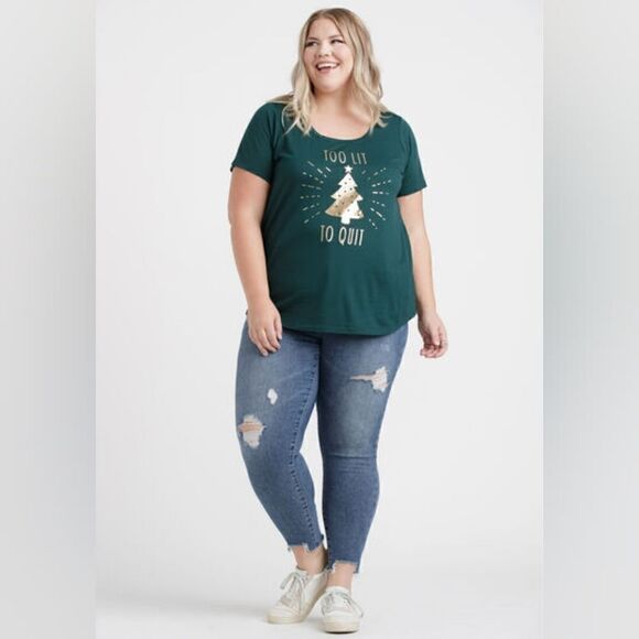 New Women's Size Small Hunter Green Too Lit To Quit Scoop Neck Christmas Tee - Picture 2 of 9